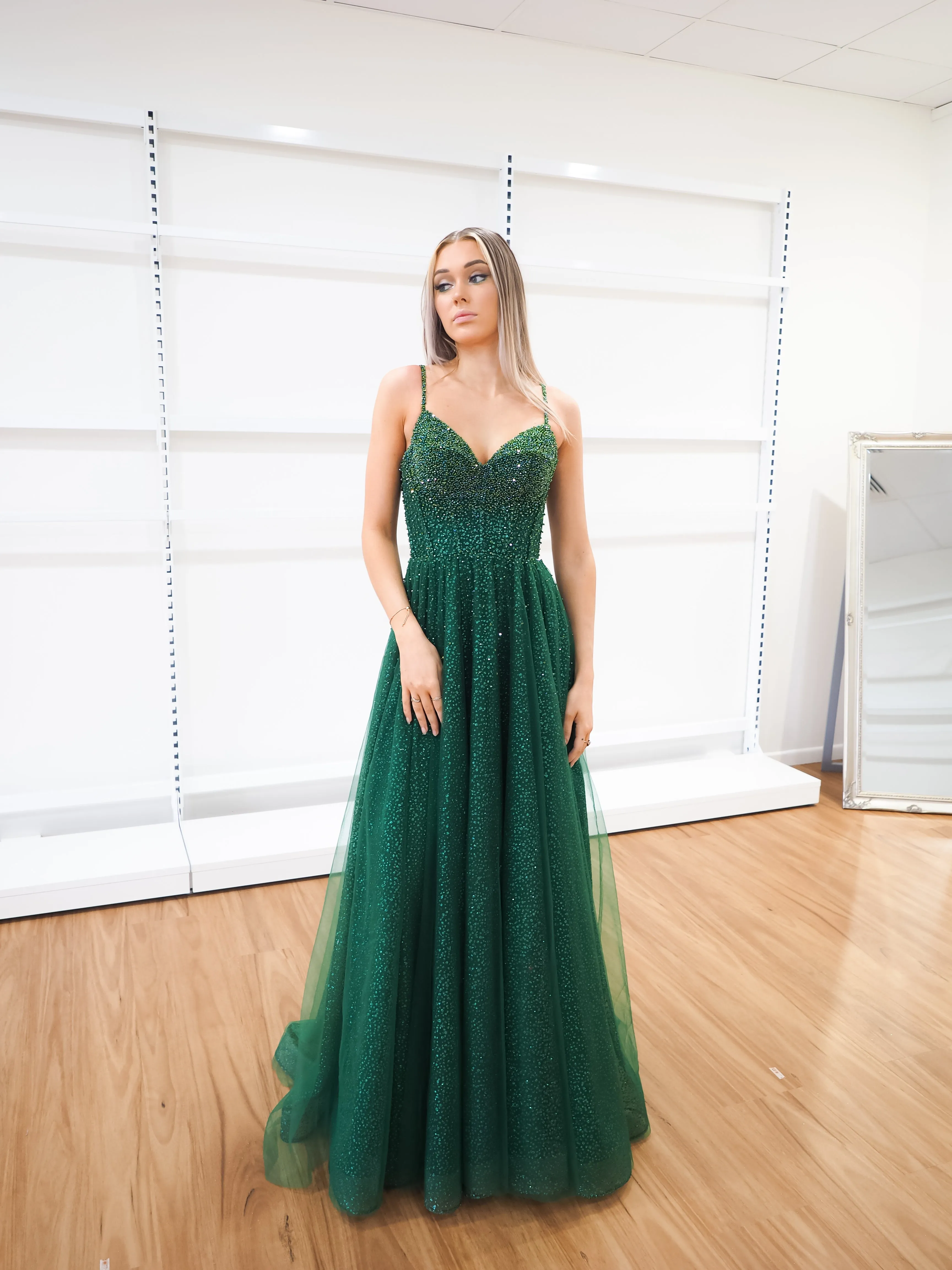 Sparkling green beaded princess dress