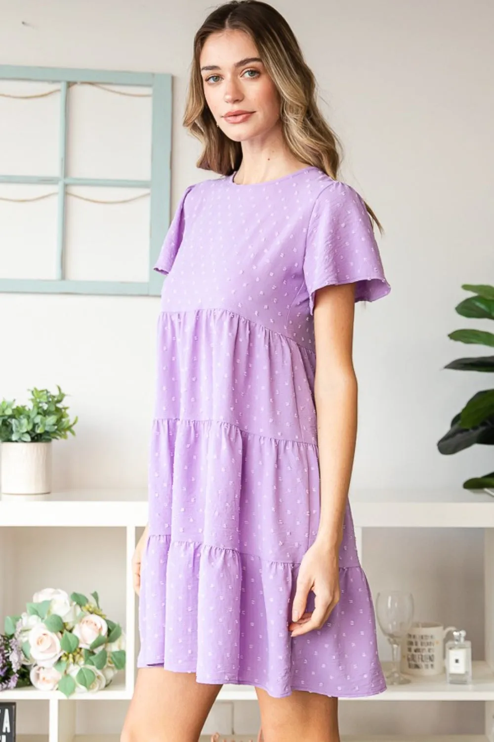 The Lilac Swiss Dot Short Sleeve Tiered Dress
