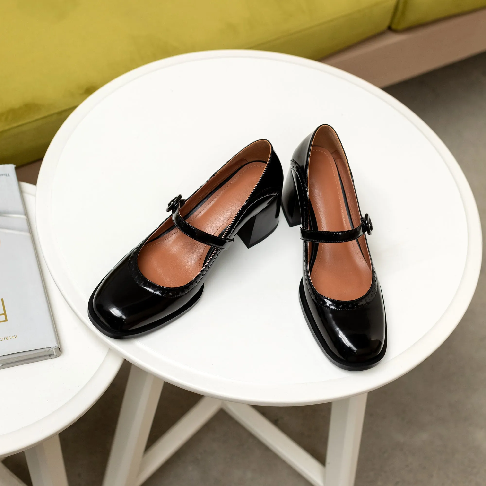 TinaCus Glossy Genuine Leather Women's Handmade Round Toe Mid Block Heel Buckle Cute Mar Jane Pump Shoes