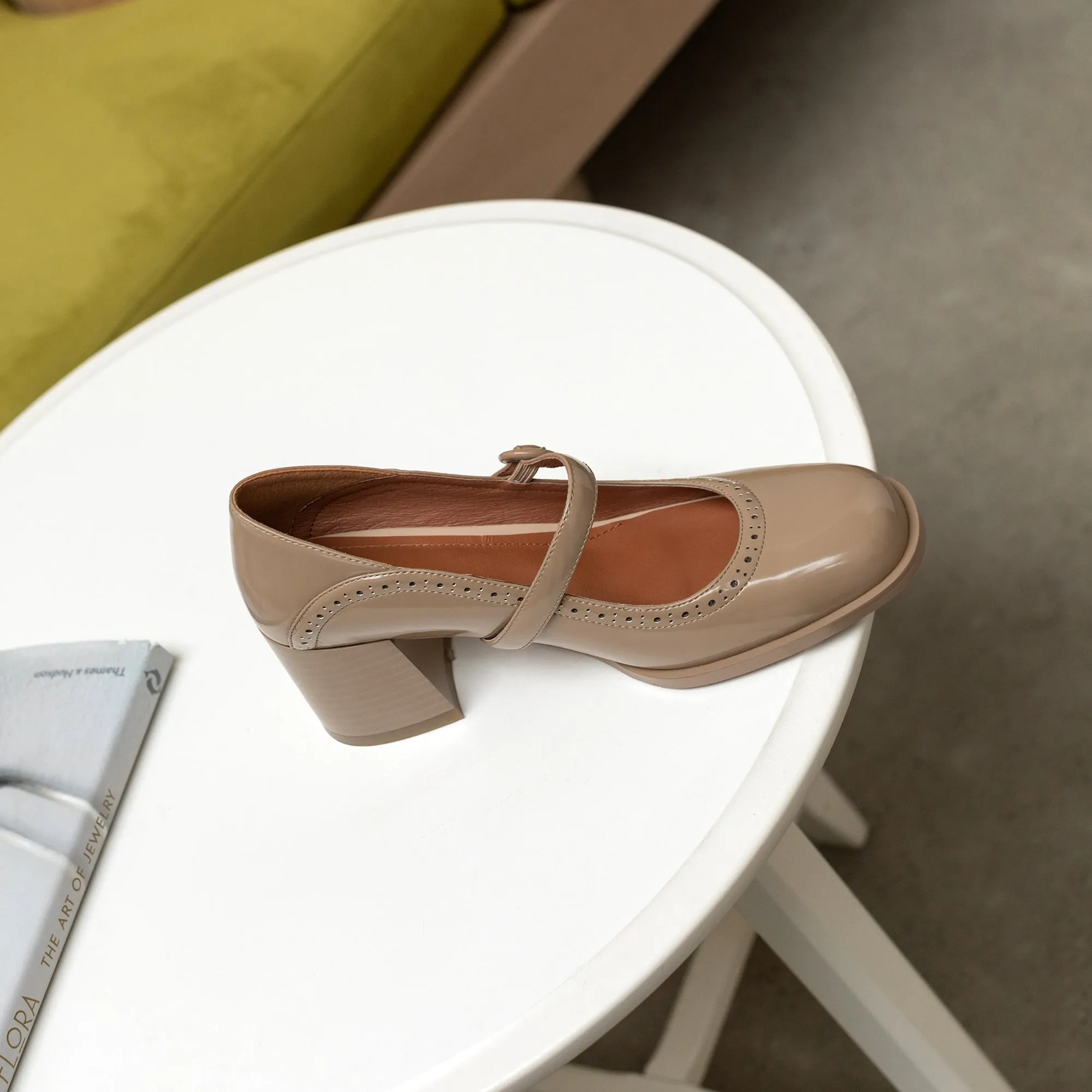 TinaCus Glossy Genuine Leather Women's Handmade Round Toe Mid Block Heel Buckle Cute Mar Jane Pump Shoes