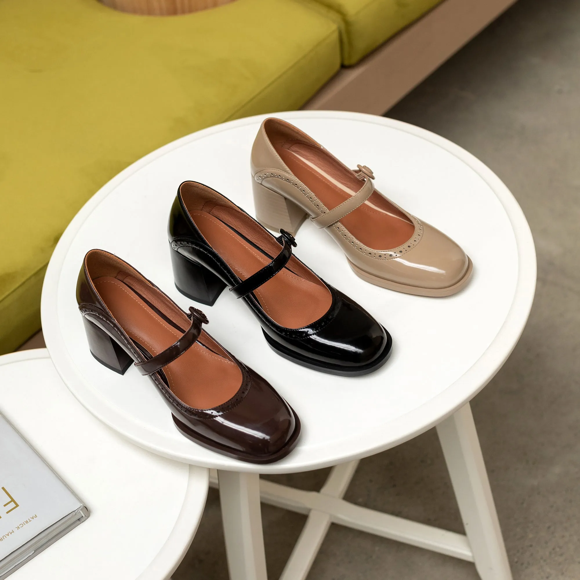 TinaCus Glossy Genuine Leather Women's Handmade Round Toe Mid Block Heel Buckle Cute Mar Jane Pump Shoes