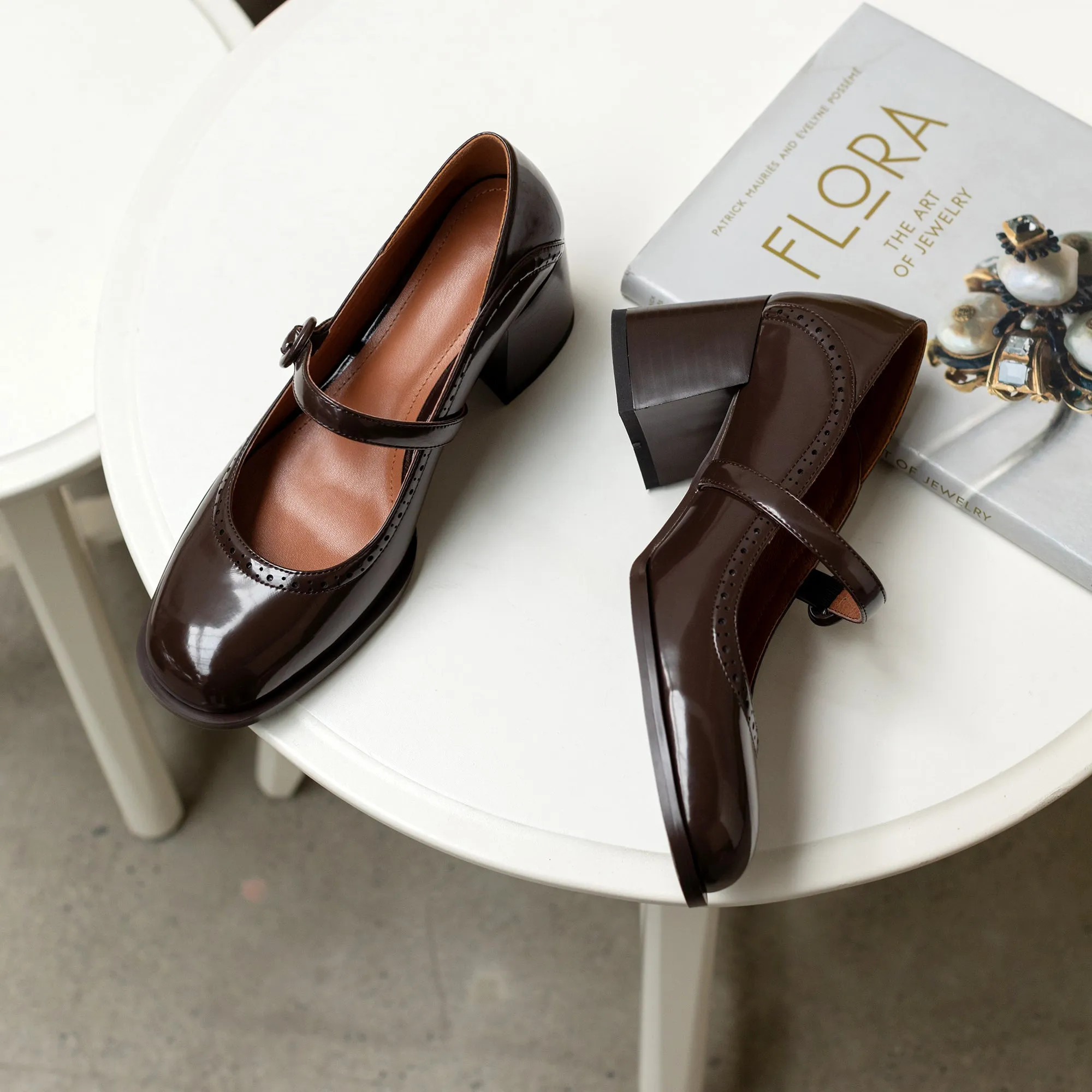 TinaCus Glossy Genuine Leather Women's Handmade Round Toe Mid Block Heel Buckle Cute Mar Jane Pump Shoes