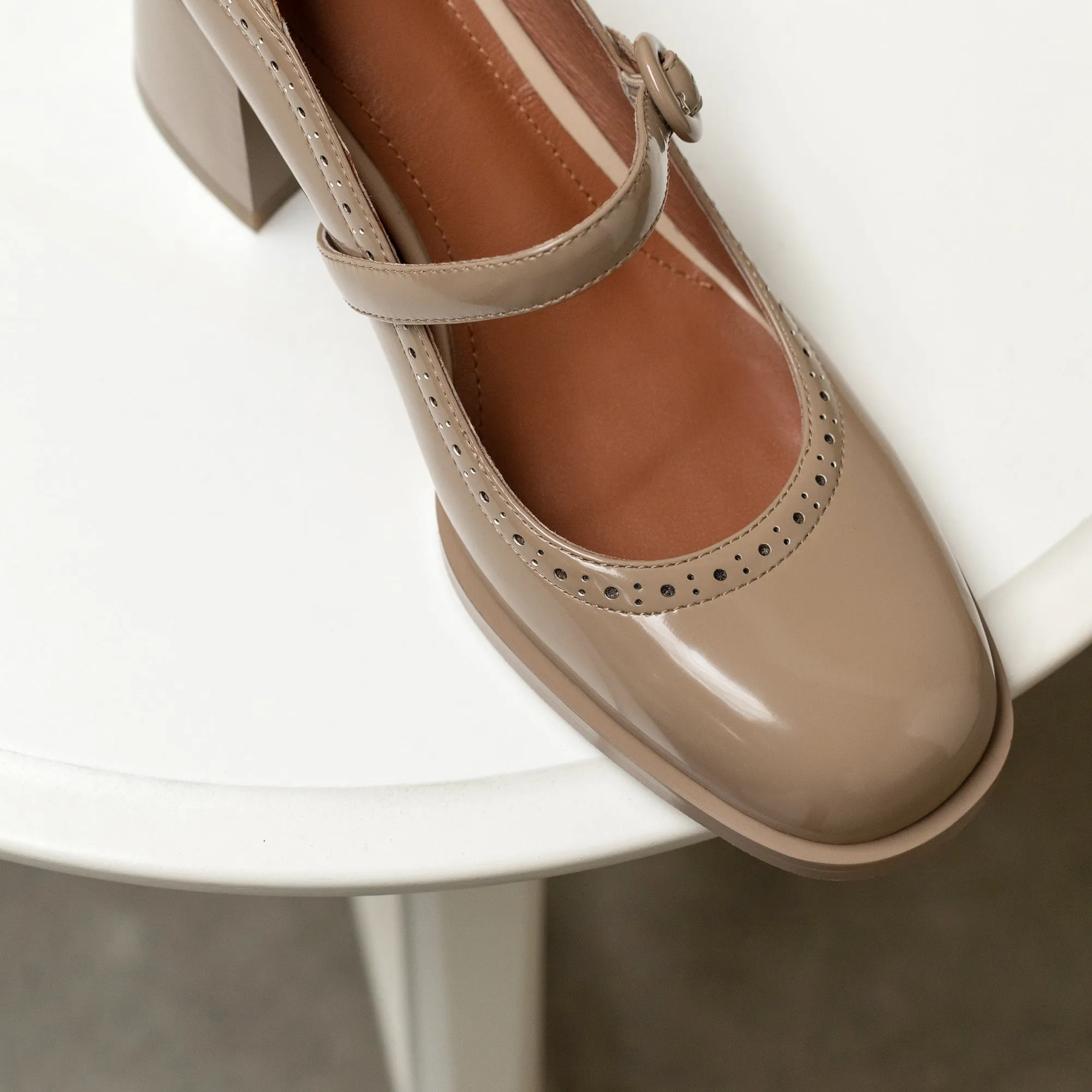 TinaCus Glossy Genuine Leather Women's Handmade Round Toe Mid Block Heel Buckle Cute Mar Jane Pump Shoes