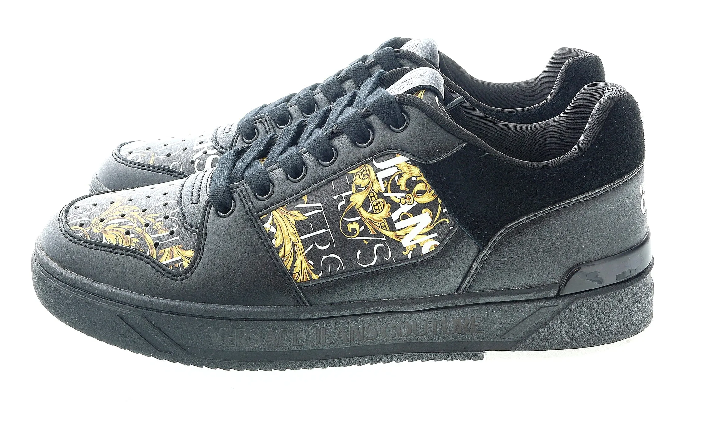 Versace Jeans Couture Black Gold Baroque Trim  Fashion Court Sneakers-