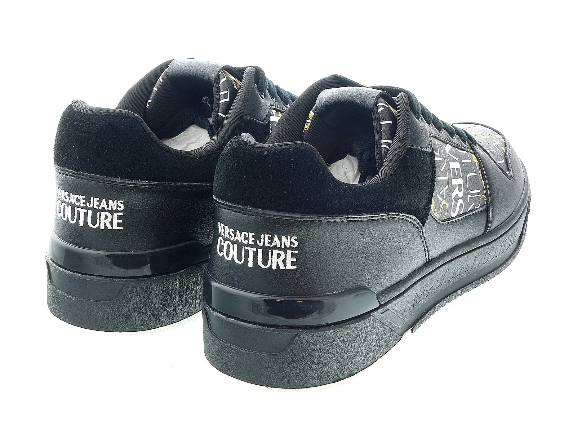 Versace Jeans Couture Black Gold Baroque Trim  Fashion Court Sneakers-