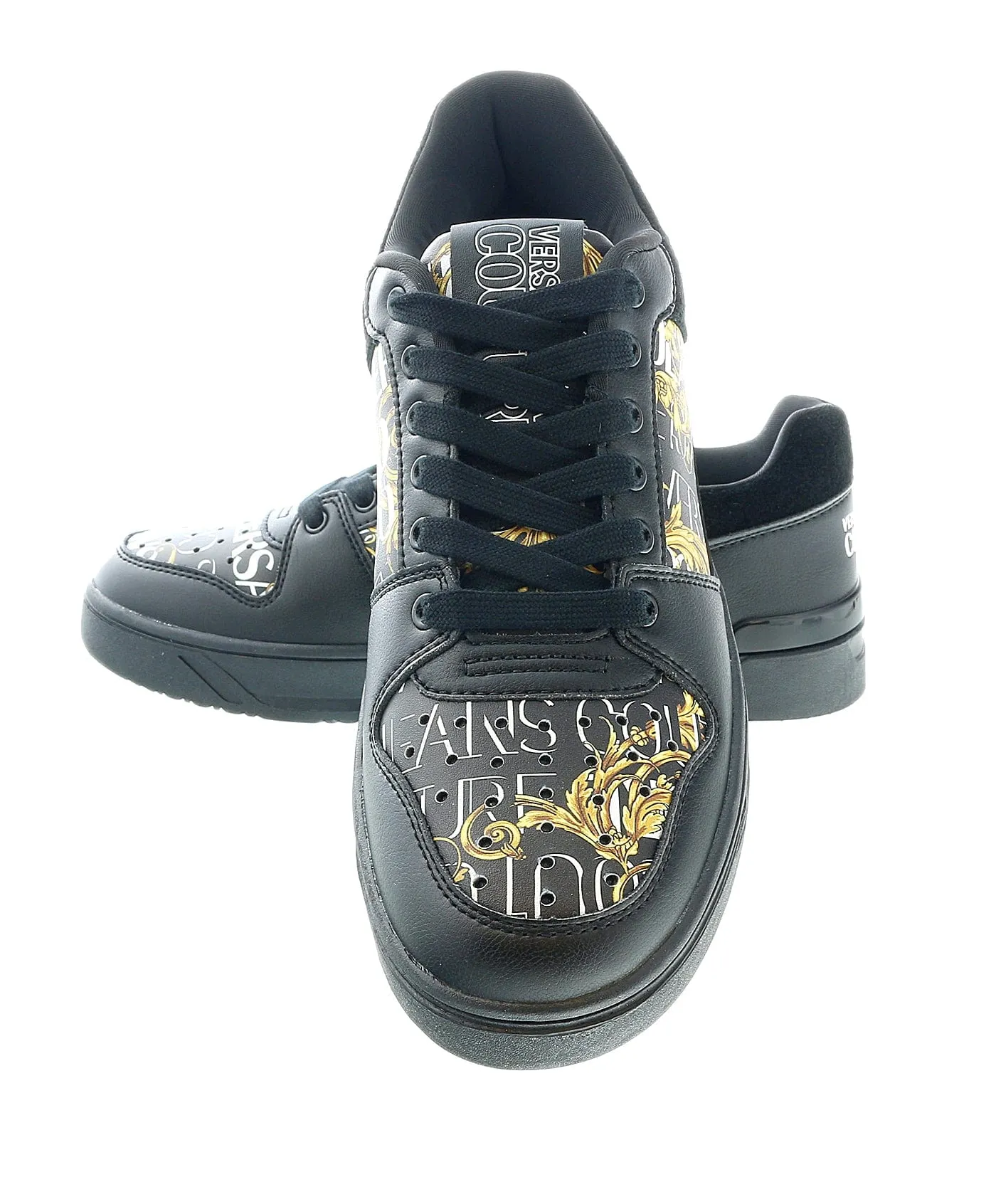 Versace Jeans Couture Black Gold Baroque Trim  Fashion Court Sneakers-