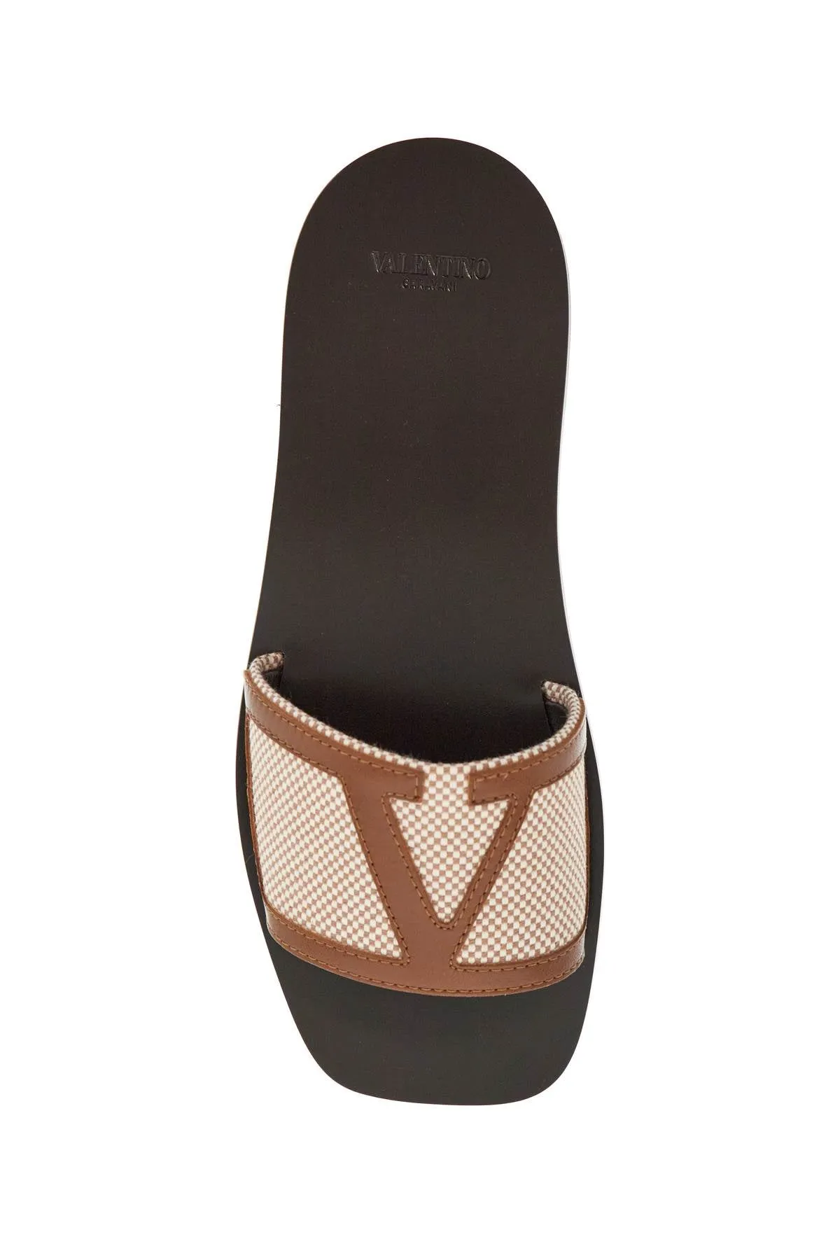 women's slippers in natural fabric and leather/tobacco with wide check pattern strap 6W2S0LK2JHB NATURALE/TOBACCO