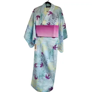 Women's Yukata - light blue with birds