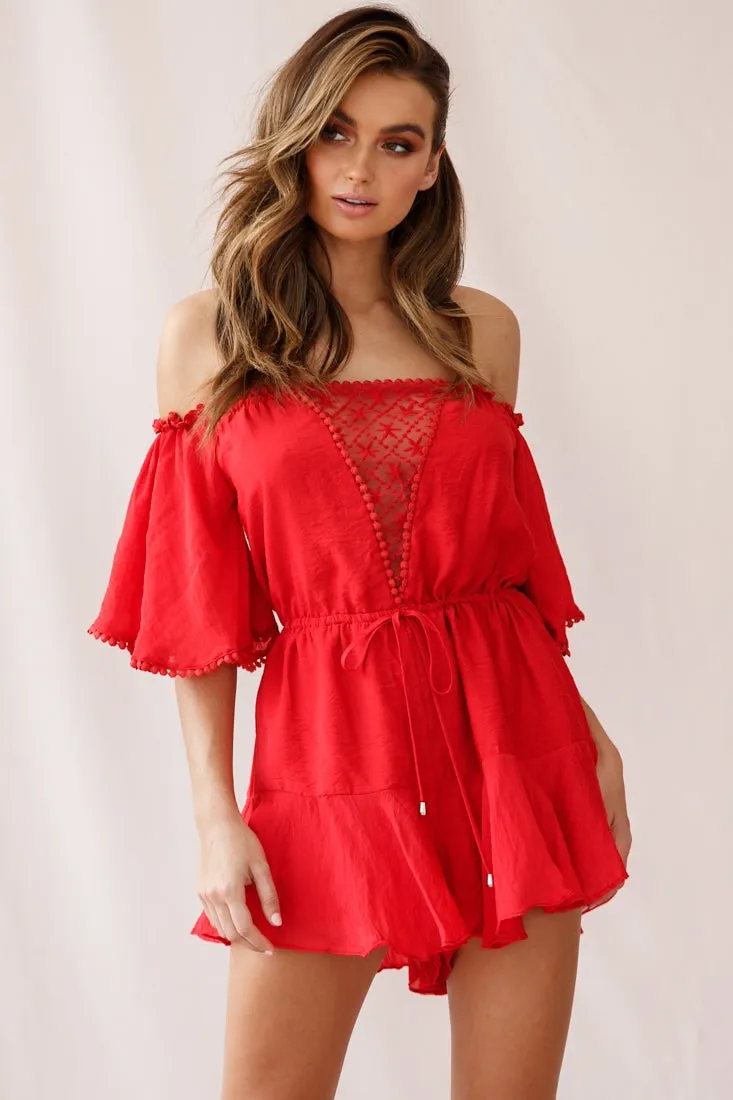 Yonna Off-Shoulder Mesh Detail Drawstring Romper Red