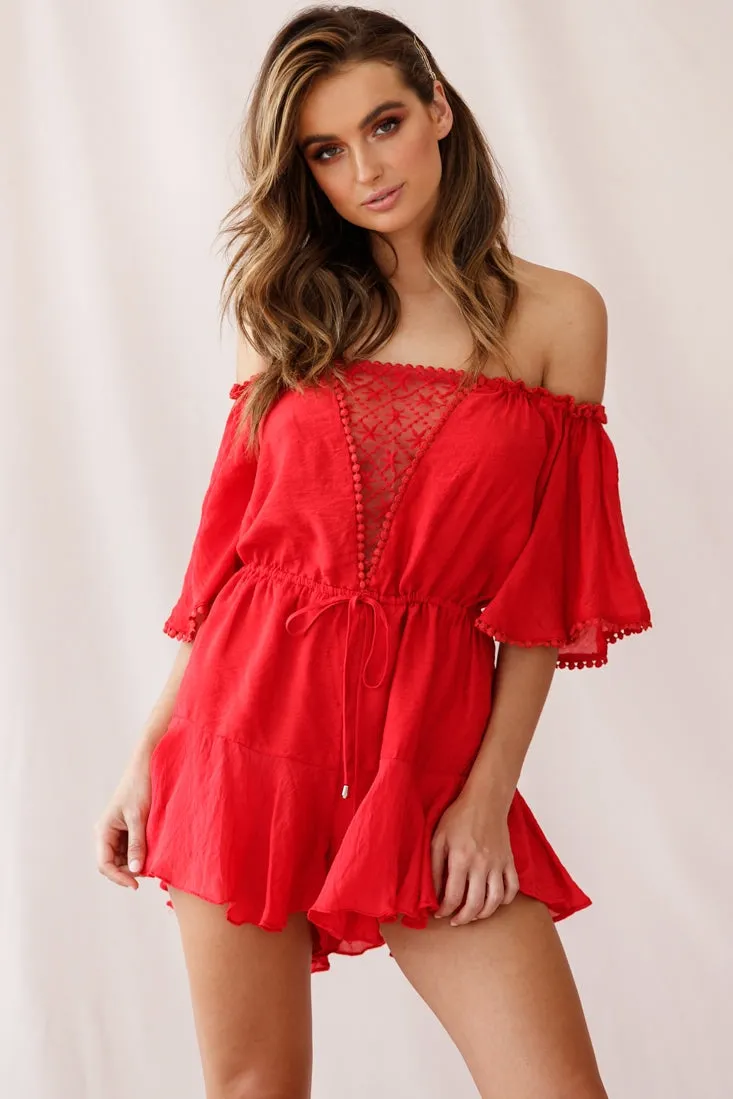 Yonna Off-Shoulder Mesh Detail Drawstring Romper Red