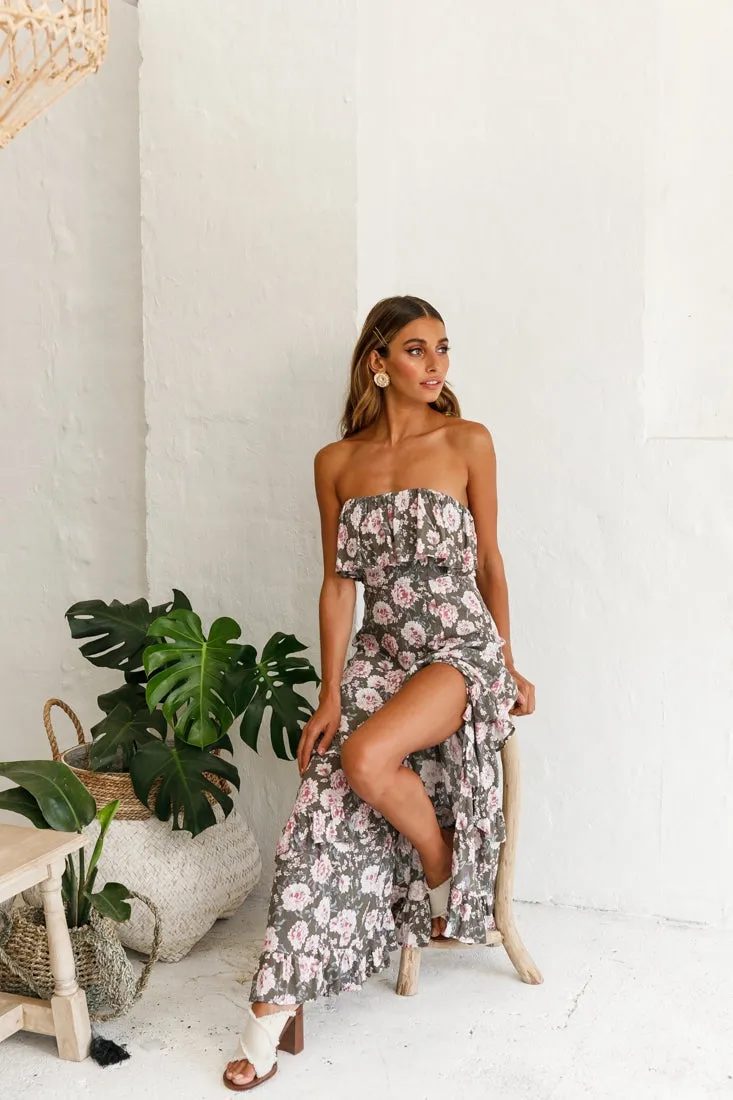 Zulu Frill Bust Front Split Maxi Dress Floral Print Olive